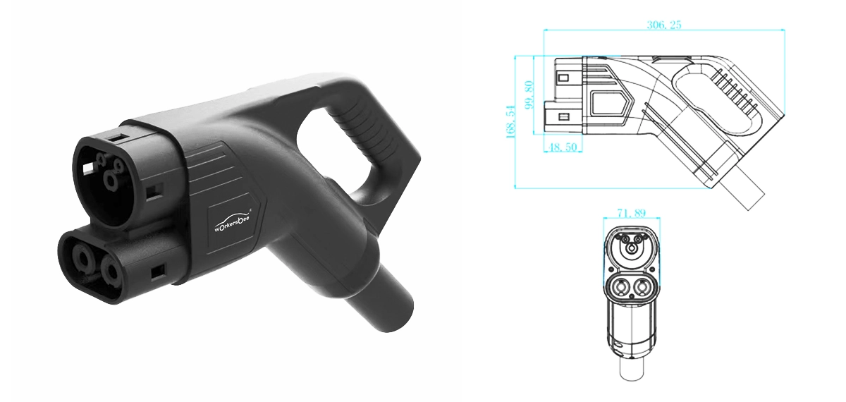 Dimension drawing of the Workersbee 400A CCS2 naturally cooled DC connector
